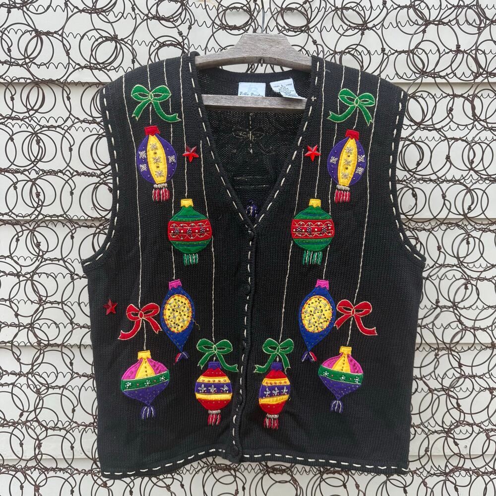 Vintage 90s Bobbie Brooks Christmas Ornaments Stars Sweater Vest Black LARGE